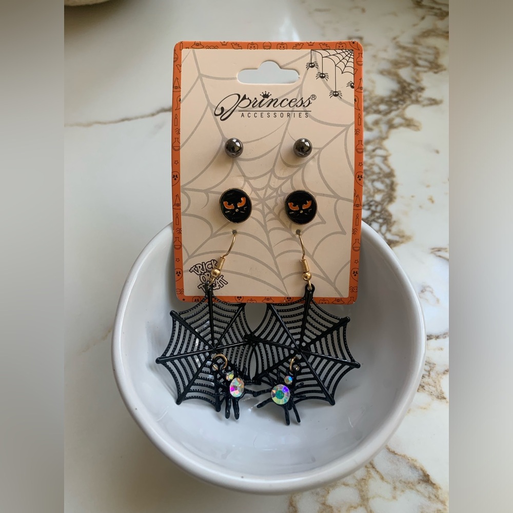 Halloween Earring Set Spiderweb Dangle Black Cat Chrome Sphere Studs 3 Pair Set